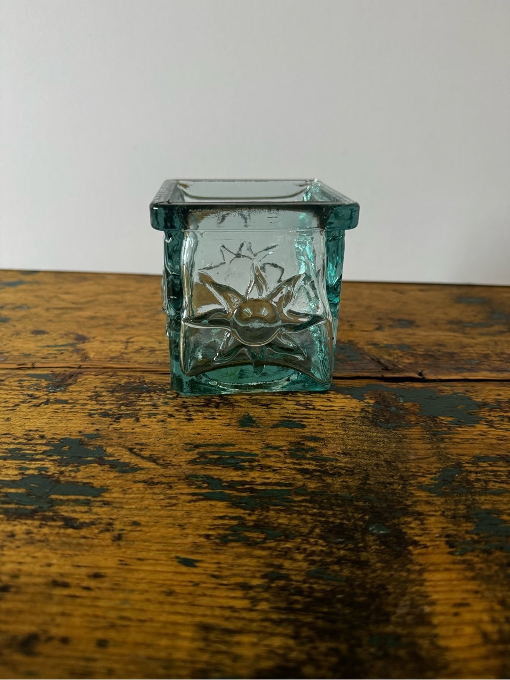 Clear Aqua Glass Square Votive with Sunburst Motif